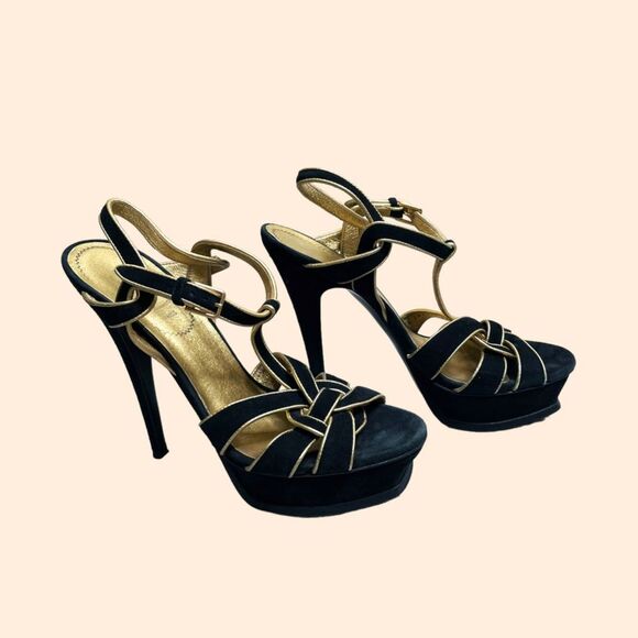 Yves Saint Laurent Tribute Black Suede Sandals - Picture 1 of 11